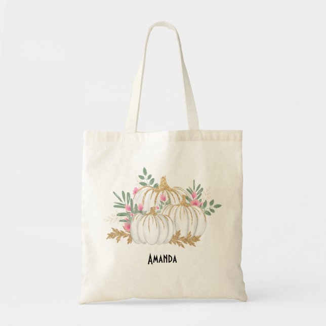 Tote Bag Aquarelle blanche et Citrouille or (Devant)