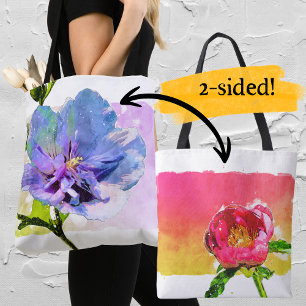 Tote Bag Aquarelle bleu Chiffon Rose et rose Peony