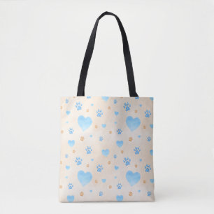Tote Bag Aquarelle Bleu Coeurs et Empreintes de pattes Moti