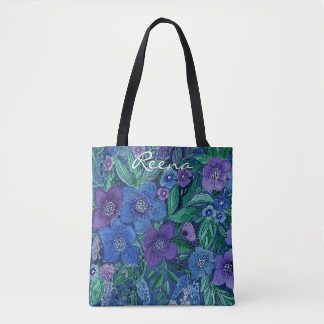 Tote Bag aquarelle, bleu et violet, aquarelle d'anémones (Devant)