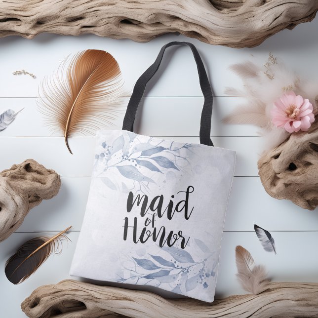 Tote Bag Aquarelle bleu Feuille Chic Mariage Maid of Honor (Créateur téléchargé)