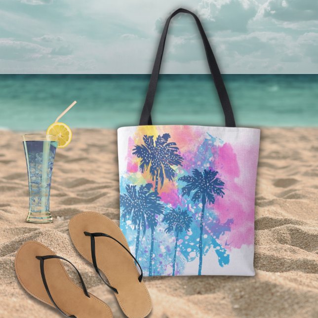 Tote Bag Aquarelle bleu rose Hawaii Palmes tropicales (Créateur téléchargé)