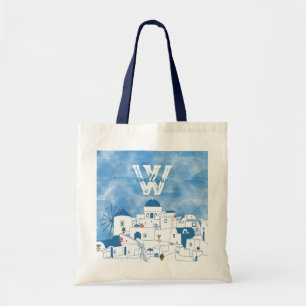 Tote Bag Aquarelle bleue et blanche Santorin Grèce Monogram