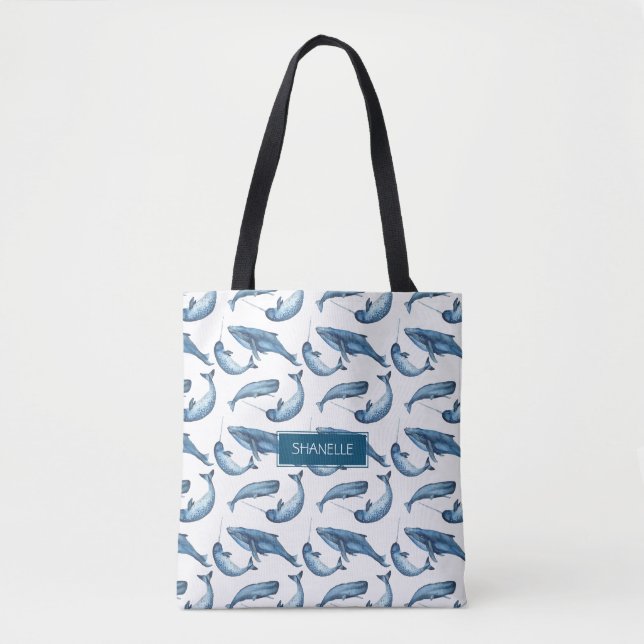Tote Bag Aquarelle bleue Monogramme Baleine et Narwhal (Devant)