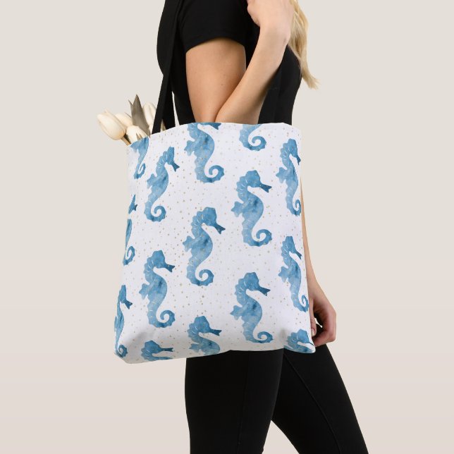 Tote Bag Aquarelle bleue Seahors Motif Gold Sparkles (De près)