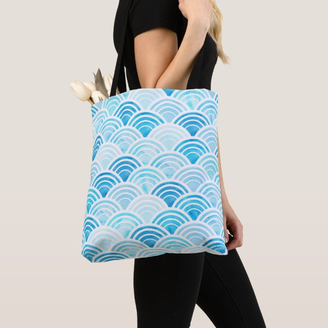 Tote Bag Aquarelle bleue Seigaiha Waves Motif (De près)