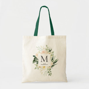 Tote Bag Aquarelle Blush Peach Floral Green Monogramme