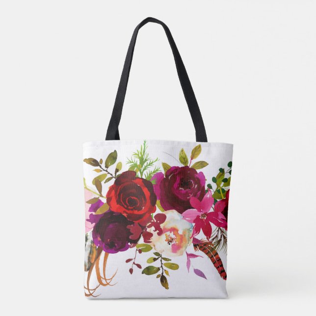 Tote Bag Aquarelle Bohème Floral Bourgogne Marsala Rouge (Dos)