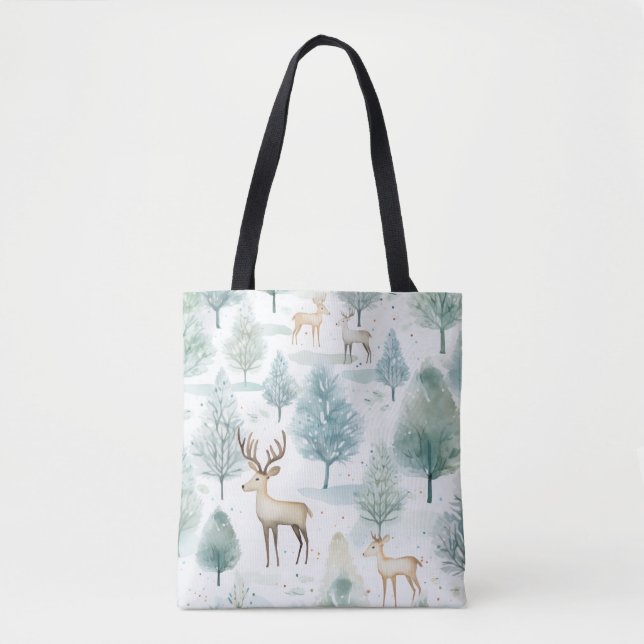 Tote Bag Aquarelle BoisCerf En Forêt D'Hiver Noël (Devant)