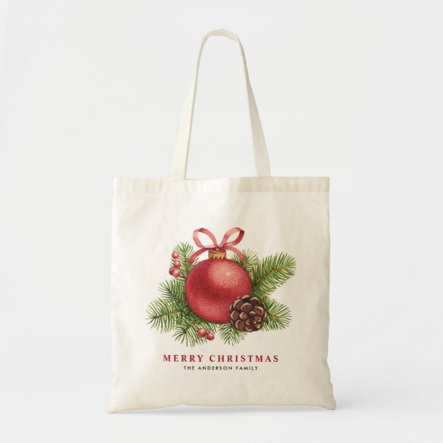 Tote Bag Aquarelle Boule rouge Ornement personnalisé Noël (Devant)