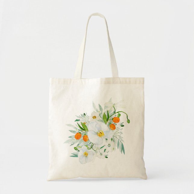 Tote Bag Aquarelle Bouquet d'orchidées blanches et Kumquats (Devant)