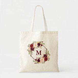 Tote Bag Aquarelle Bourgogne Floral Monogramme de couronne
