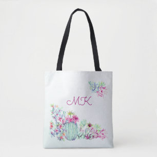 Tote Bag Aquarelle Cactus & Succulents Monogramme