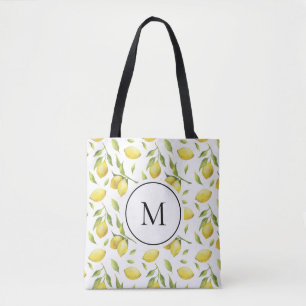 Tote Bag Aquarelle Citrons et verdure Monogramme Motif