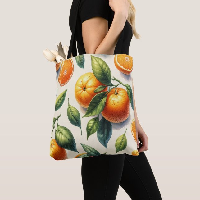 Tote Bag Aquarelle Citrus Orange Feuille Mariage (De près)