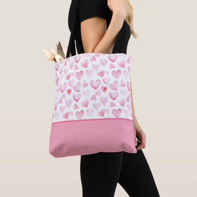 Tote Bag Aquarelle Coeur rose Valentine Couleur Bloc inféri (De près)
