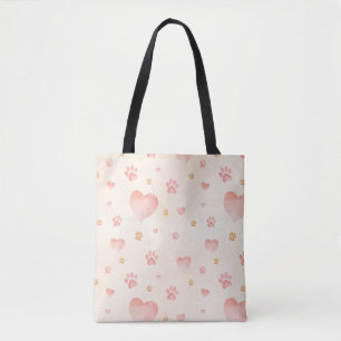 Tote Bag Aquarelle Coeurs et Empreintes de pattes Motif
