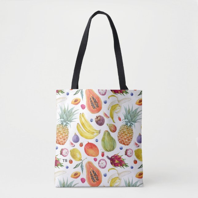 Tote Bag Aquarelle colorée Fruits Motif Monogramme (Devant)