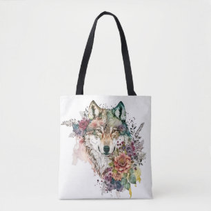 Tote Bag Aquarelle colorée Wolf et Florals dans la nature