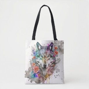 Tote Bag Aquarelle colorée Wolf et Florals dans la nature