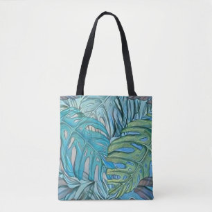 Tote Bag Aquarelle couleur bleu vert tropical feuille
