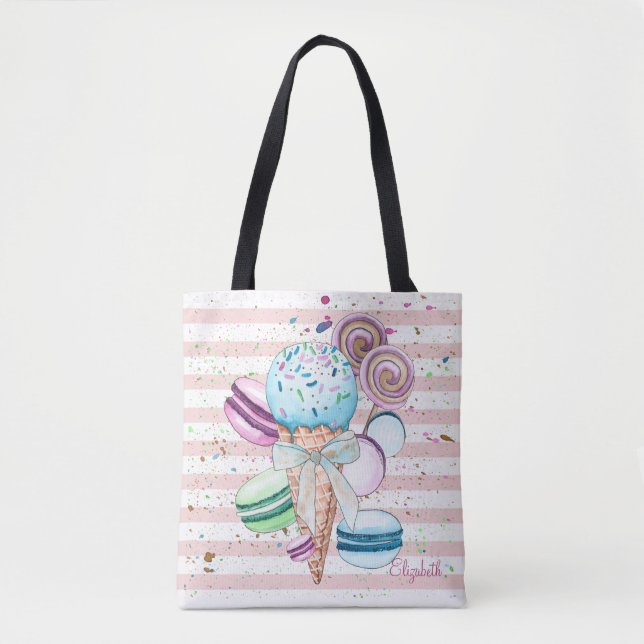 Tote Bag Aquarelle Crème glacée, Macarons, Bandes roses (Devant)