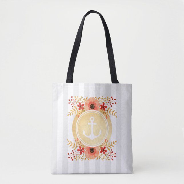 Tote Bag Aquarelle d'Ancre marine or à rayures florales (Devant)