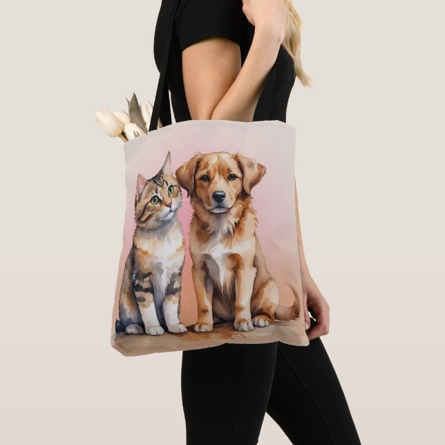 Tote Bag Aquarelle de chat et chien mignonne (De près)