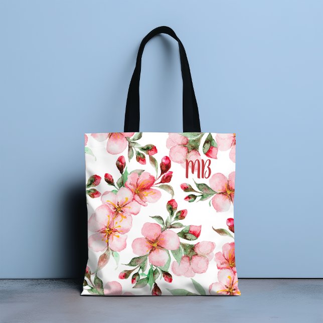 Tote Bag Aquarelle de fleurs de cerisier rose monogramme (Créateur téléchargé)