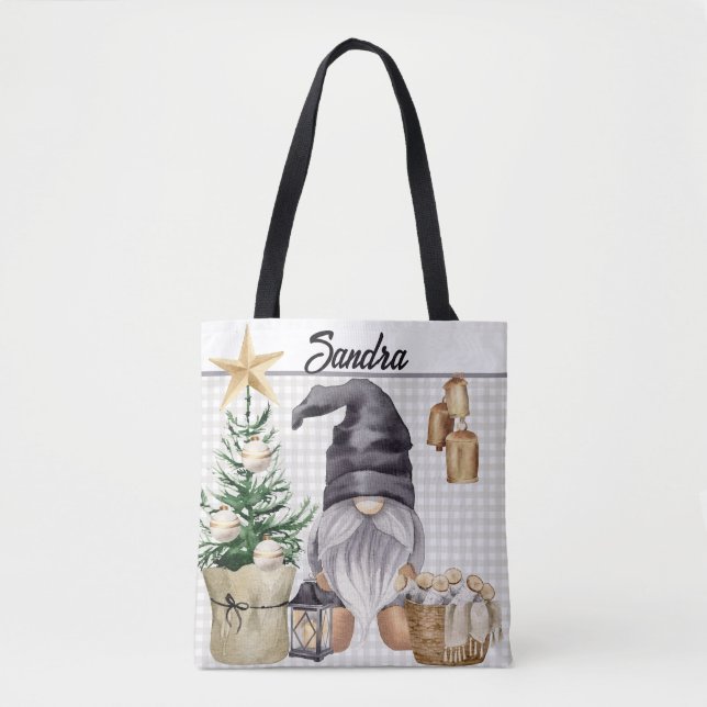 Tote Bag Aquarelle de Noël Joyeuse personnalisée Gnome Plai (Devant)