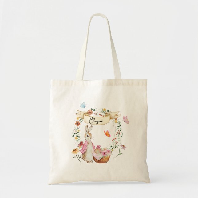 Tote Bag Aquarelle de Pâques de lapin rose personnalisée (Devant)