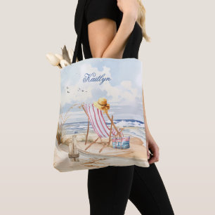 Tote Bag Aquarelle de plage élégant Nom du monogramme