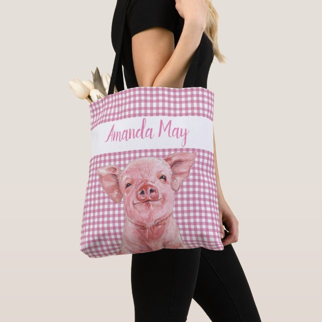 Tote Bag Aquarelle de porc rose En vichy Monogramme plaqué (De près)