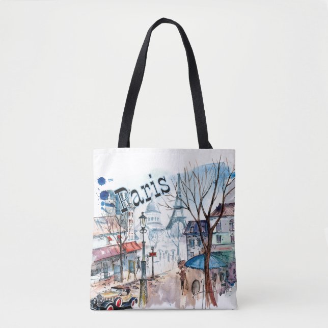 Tote Bag Aquarelle de scène de rue de Paris (Devant)
