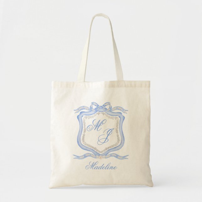 Tote Bag Aquarelle Designer Blue Monogram Crest Mariage (Devant)