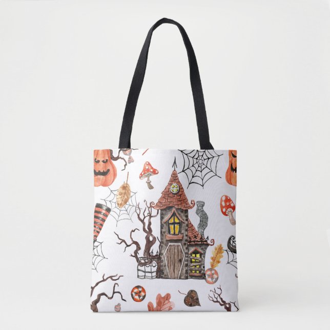 Tote Bag Aquarelle d'Halloween : Haunted House Motif. (Devant)