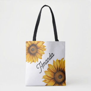 Tote Bag Aquarelle Diagonale jaune Nom du script Sunflower