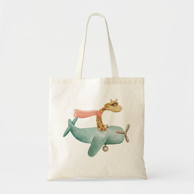 Tote Bag Aquarelle drôle girafe et avion. Enfants animaux (Devant)