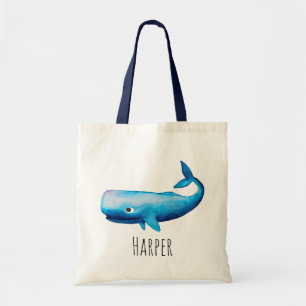 Tote Bag Aquarelle du bébé Bleu de la Baleine et nom