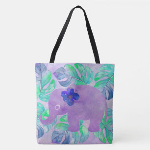 Tote Bag Aquarelle Elephant Jungle Monstera Feuille Monogra