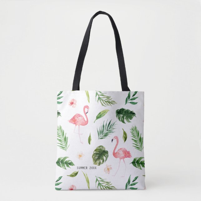 Tote Bag Aquarelle Feuilles tropicaux et Flamant rose (Devant)