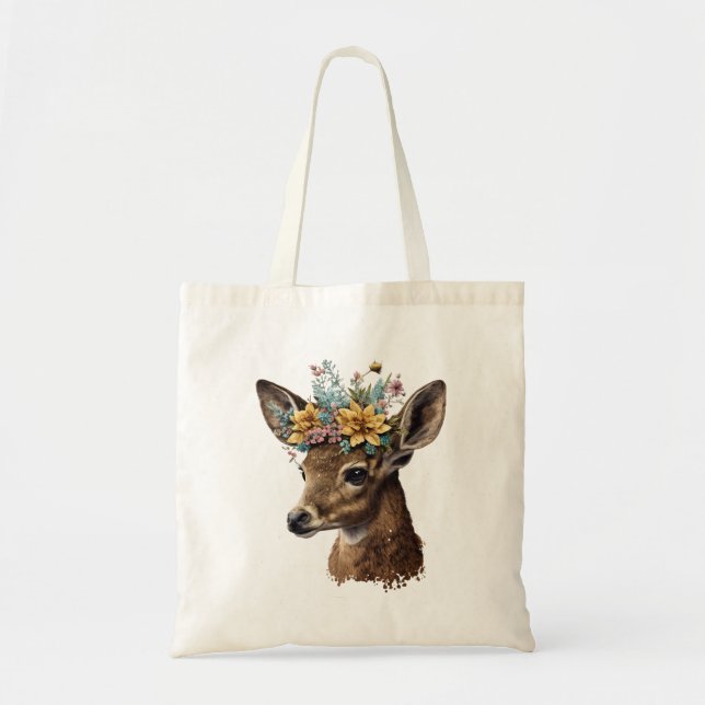 Tote Bag Aquarelle fine cerf floral (Devant)