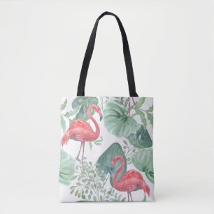 Tote Bag Aquarelle flamants roses et feuilles.