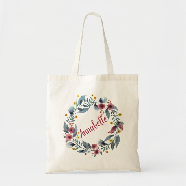 Tote Bag Aquarelle Fleur rose Wreath été Personnaliser (Devant)
