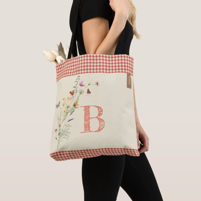 Tote Bag Aquarelle fleur sauvage jaune en vichy boho (De près)