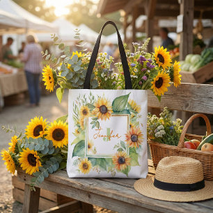 Tote Bag Aquarelle Fleurs de Tournesol Monogramme Personnal