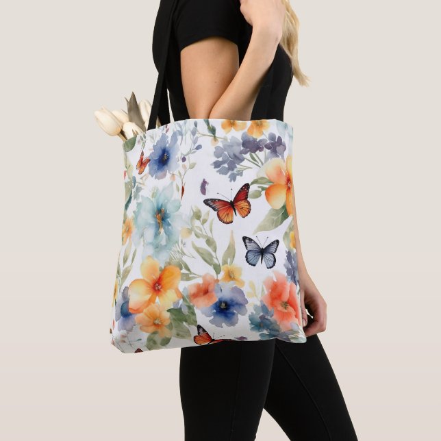 Tote Bag Aquarelle Fleurs et papillons Imprimer Botanique (De près)