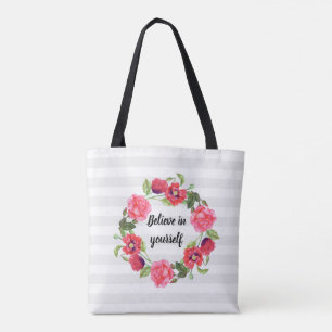 Tote Bag Aquarelle Fleurs rouges et roses Cercle de couronn