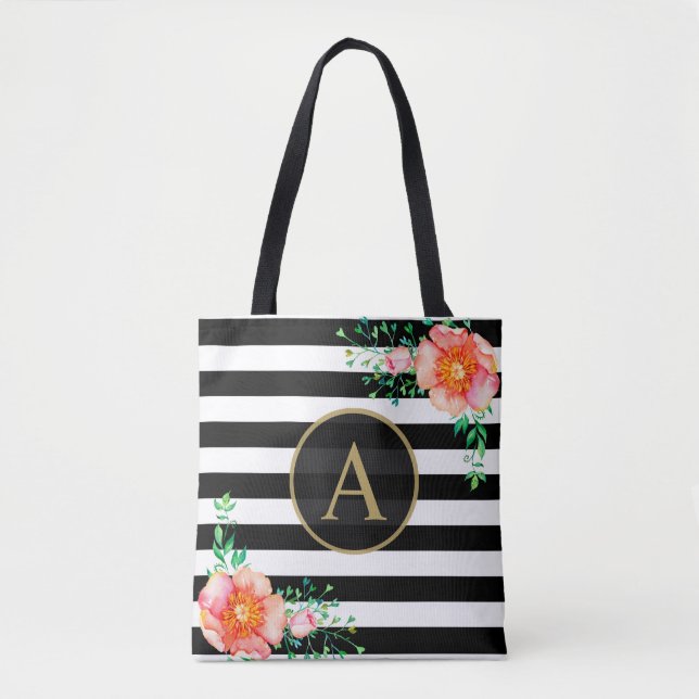 Tote Bag Aquarelle Floral or Monogramme noir blanc bande (Devant)