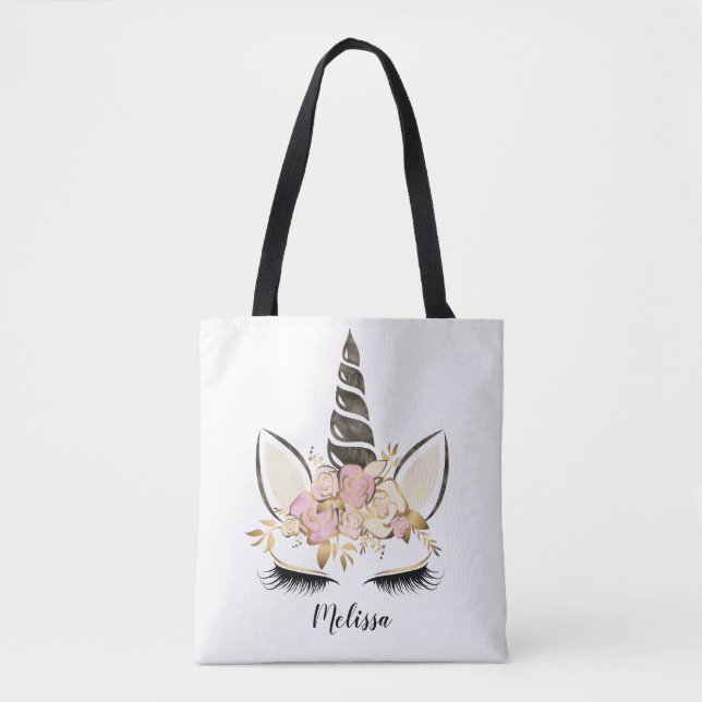 Tote Bag Aquarelle Floral Unicorne Personnalisée (Devant)